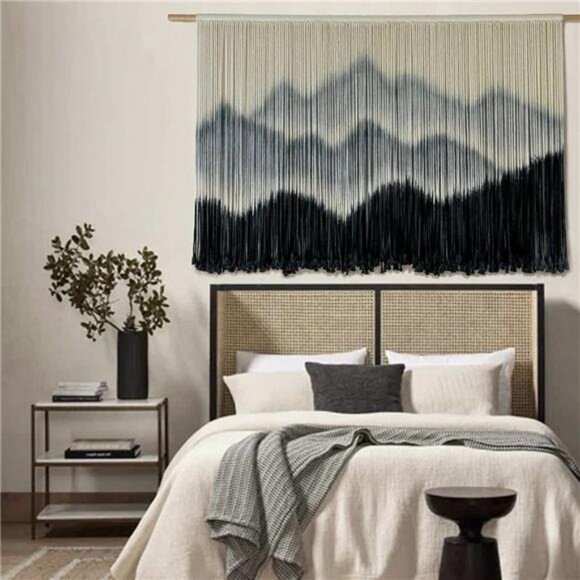 NEW Anthro XL Tapestry Macrame Grey Dye Boho Mountain Woven Wall Hanging - 60x35 - Picture 1 of 10